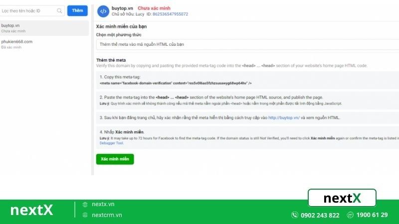 Xác minh tên miền trên facebook